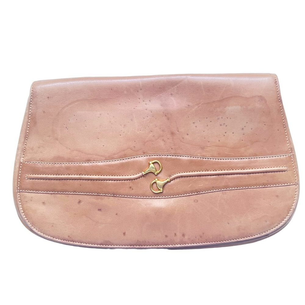 Vintage GUCCI tan leather envelope clutch bag purse horsebit hardware